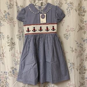 Rachel Riley Smocked Navy Striped Anchor Dress for Girls